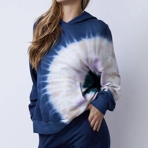 $191 MONROW Tie Dye Supersoft Slouchy Pullover Hoodie XS Oversized Blue Inca